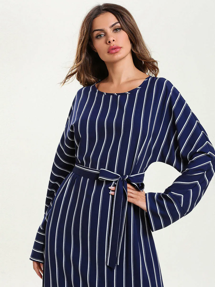 Скромное мусульманское платье с разрезом абайя женский полосатый исламский