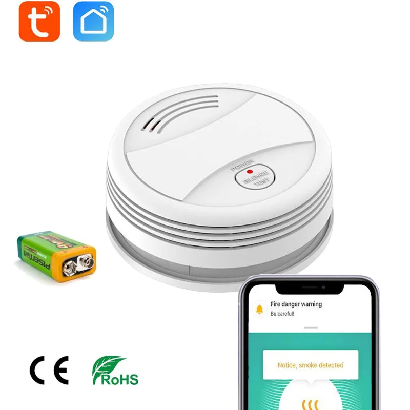 

Датчик дыма Tuya Smart Life с Wi-Fi, умный детектор дыма для домашней системы безопасности, с приложением и Push-уведомлениями, 80 дБ, со звуком без необх...
