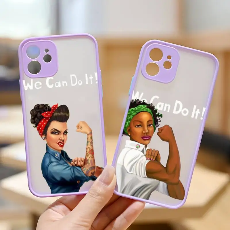 

We Can Do It Women Power Phone Case Purple Transparent Matte For IPhone 7 8 11 12 S Mini Pro X XS XR MAX Plus Cover Shell