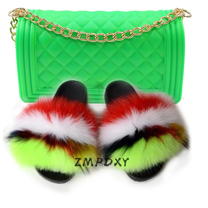 

Women's Matte Colorful Jelly Bags Shoes Sets Rainbow Real Fox Fur Slippers Candy Crossbody Purse Female Fur Slides Furry Sandals