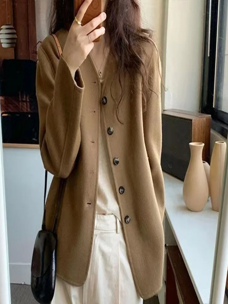 

Женское двубортное кашемировое пальто, маленькое Короткое шерстяное твидовое пальто, осень 2021