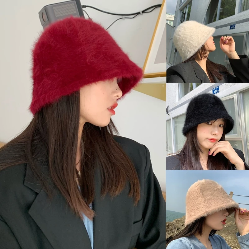 

Women Winter Fluffy Furry Dome Bucket Hat Solid Color Thicken Warm Harajuku Hip Hop Bell-Shaped Foldable Fisherman Cap