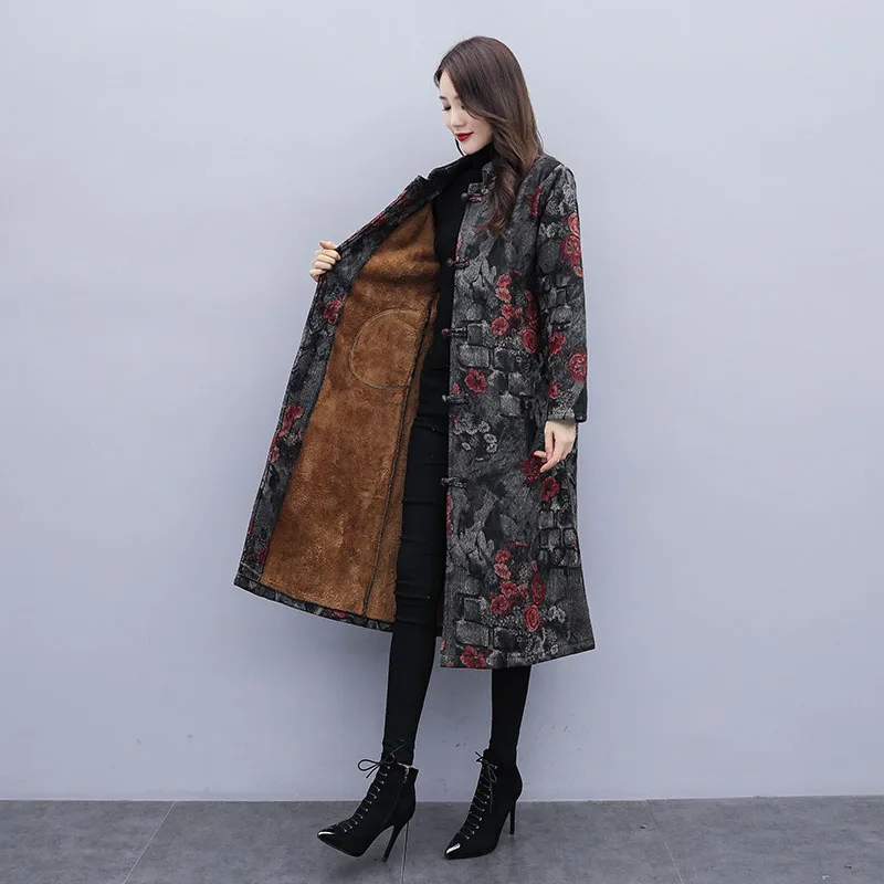 2021 Fall Winter New Fashion Ethnic Wind Disc Buckle Cotton-Padded Jacket Wwomen's Mid-Length Plus Velvet Thick Windbreaker Coat