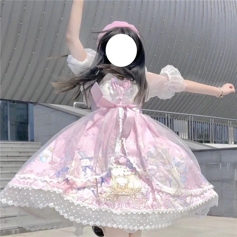 

Sweet princess lolita strap dress vintage falbala high waist printing victorian dress kawaii girl gothic lolita cosplay loli