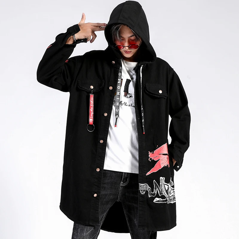 Длинная Мужская куртка с принтом мода 2019 Весенняя ветровка Harajuku пальто мужская