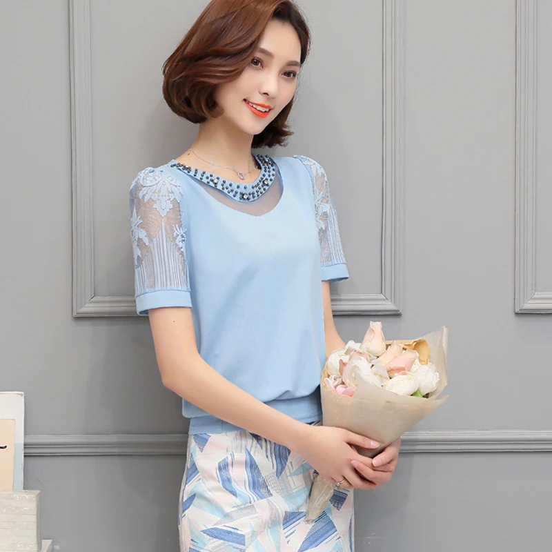 Женская шифоновая блузка с коротким рукавом кружевом | одежда