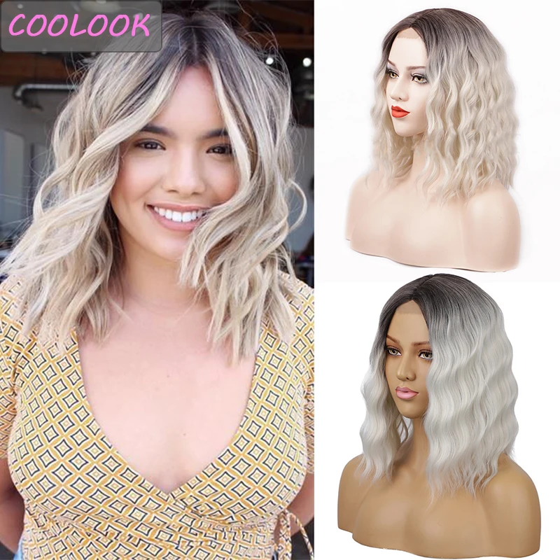

613 Short Bob Part Lace Wigs for Women Brown Grey Ombre Wave Wigs Synthetic Water Wave Lace Wig Heat Resistant Fake Hair Cosplay