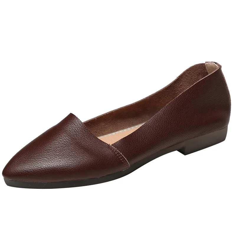 

Pointed Toe Women Flats Genuine Leather Shoes Women Spring 2021 Black Retro Loafers Slip ON Casual White Leather Shoes Low Heels