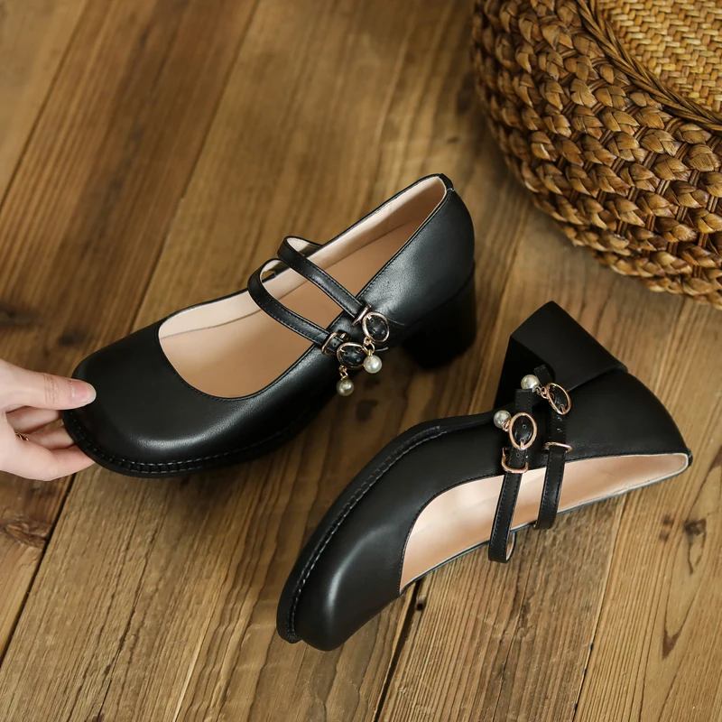 

Retro Concise Women Pumps Genuine Leather High Heels Shoes Woman Spring New Casual Round Toe Pearl Buckle Mary Janes