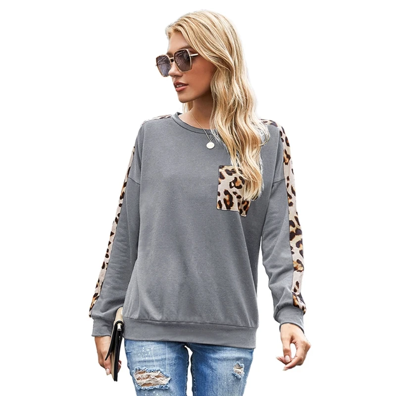 

Women Autumn Long Sleeve Crew Neck Leopard Striped Patchwork Pullover Tops Casual Loose Sweatshirt Blouse with Pocket