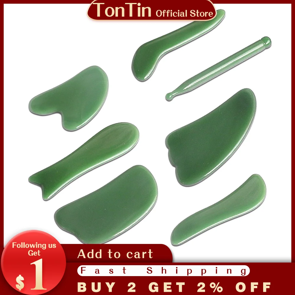 

Dark Green Color Glass Guasha Scraping Massage Tool Facial Beauty V-line kit 7 types different shape