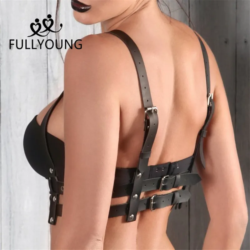 Fullyoung для женщин ремни панк-рок Halterneck колье Готический кожаный жгут сексуальное тело Связывание клетка Бюстье корсет скульптуры грудь