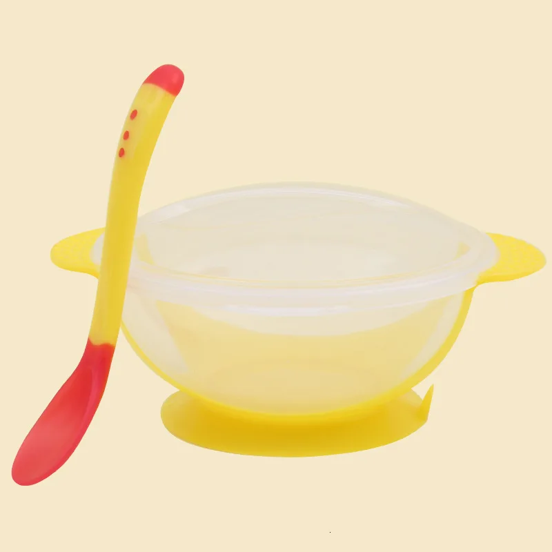 yellow-lid-spoon Детская обучающая посуда с присоской, Детская безопасная столовая посуда, набор для помощи, миска, датчик температуры, ложка, вилка, посуда - Цвет: yellow-lid-spoon