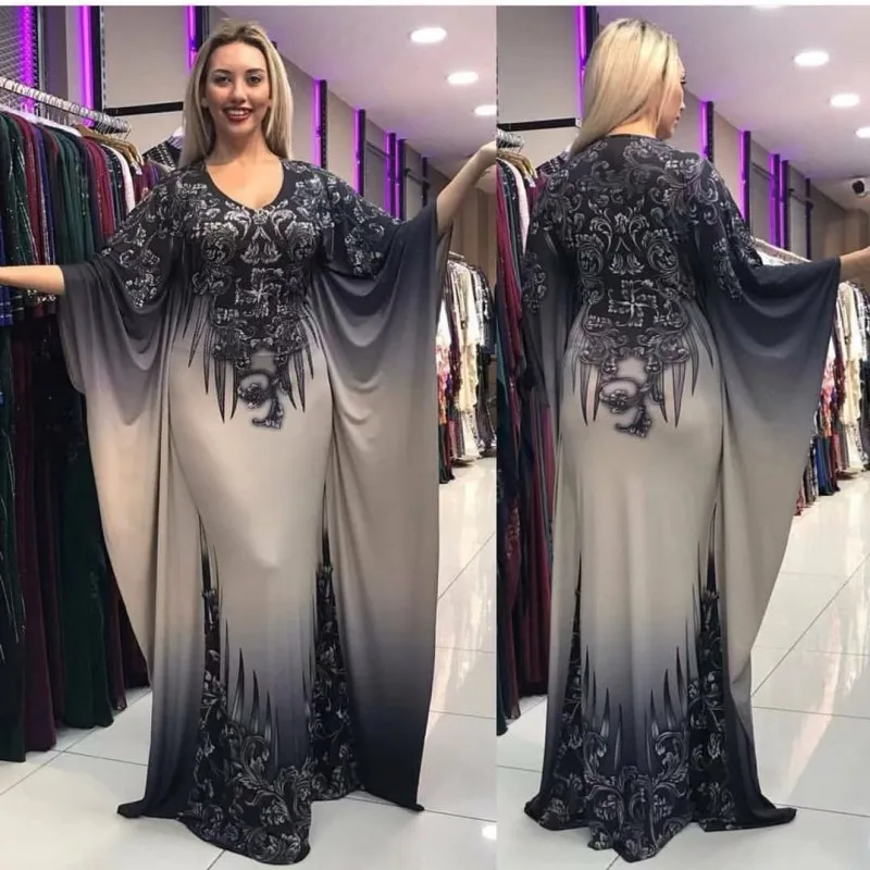 

African Clothing For Women Robe Printed Slim V Neck Batwing Sleeve Sexy Maxi Dress Elegant Party Night Long Dress Mujer Vestidos