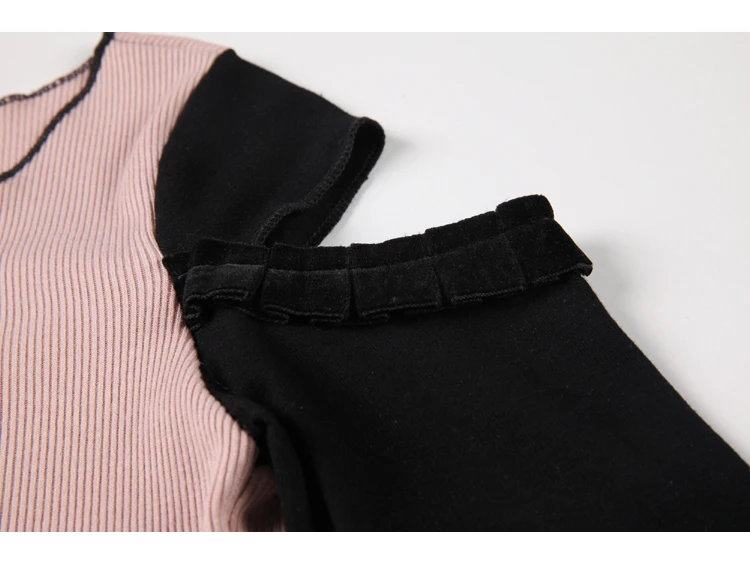 

CHEERART Pink Patchwork Knitted Ribbed Crop Top Long Sleeve Tees Summer T Shirt Women Cold Shoulder Tops Fashion Streetwear