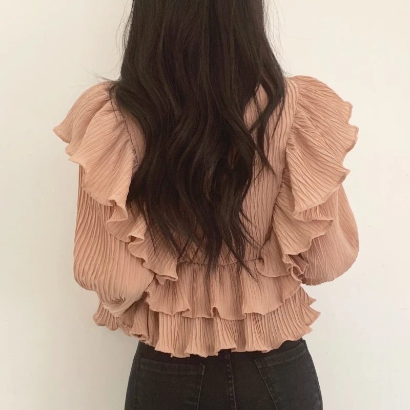 

KUSAHIKI Ruffle Patchwork Elegant Women Tops Korean Pleated V-neck Long Sleeve Shirt Causal Blusas Mujer De Moda 2021 6G014