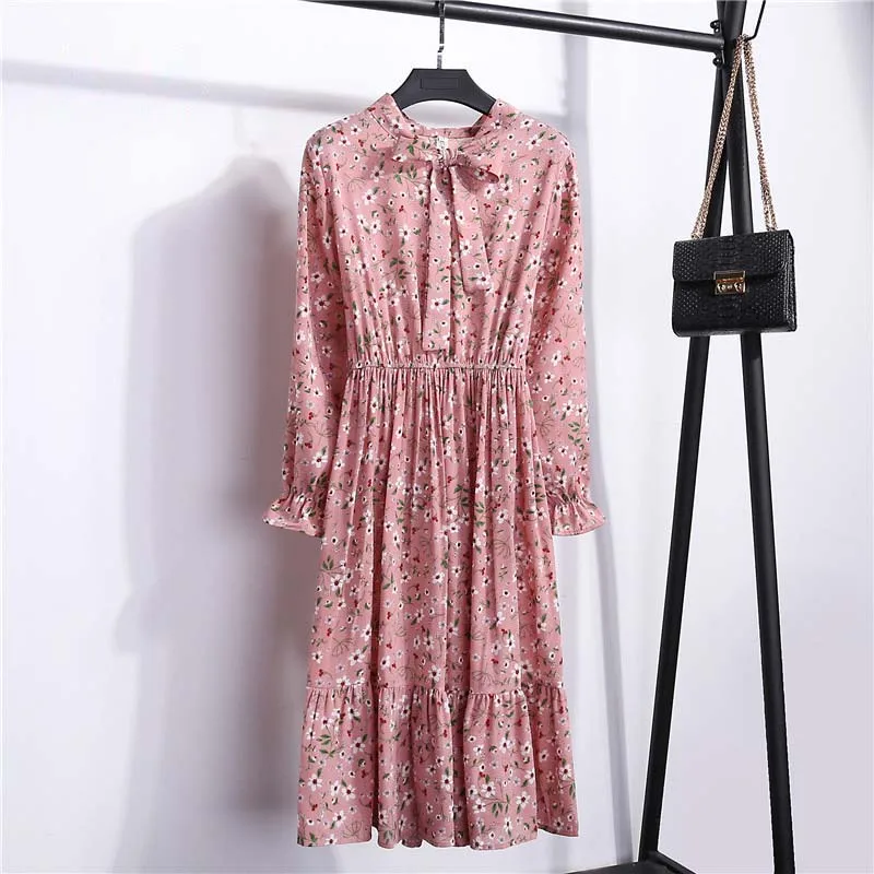 

Chiffon Floral Midi Dress Women Fashion Bow Neck Long Sleeve Plus Size Casual Boho Beach Elegant Ladies Party Dresses Vestidos