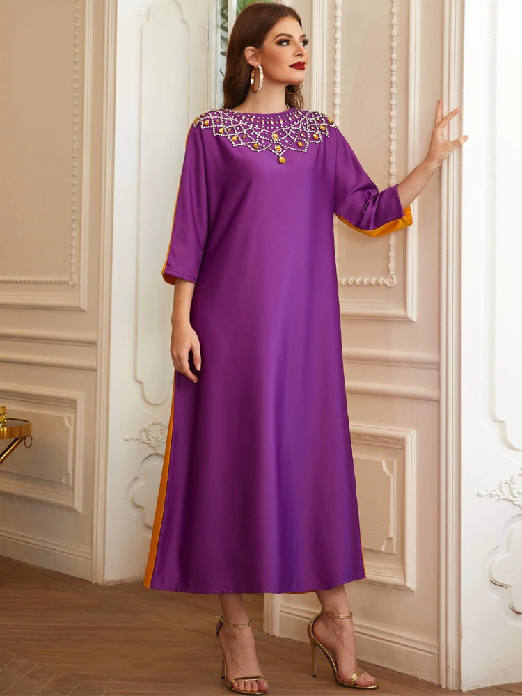 

Abaya Contrast Color Double-sided Hand-stitched Diamond Robe Muslim Home Women's Clothing Middle East Dubai Women's Clothing