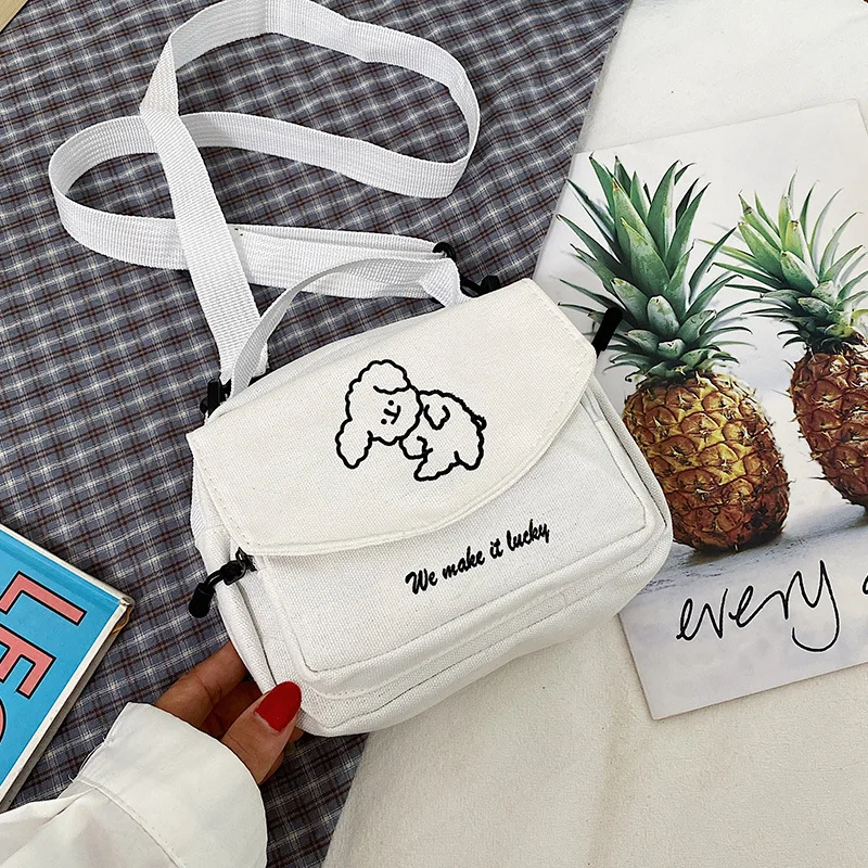 

Ladies Fashion Canvas Small Square Bag Korean Version Multifunctional Cute Dog One-shoulder Diagonal Mobile Phone Package