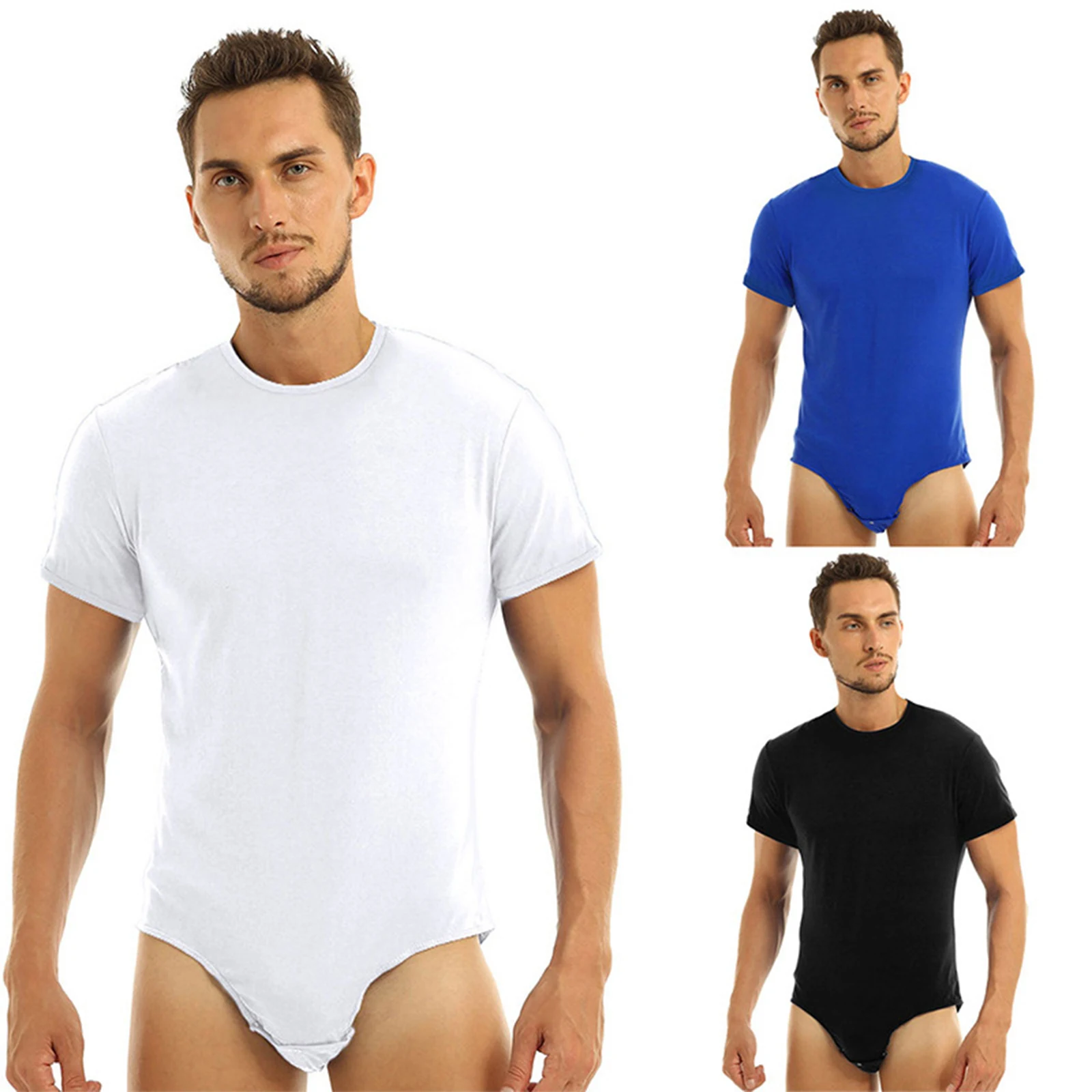 

Men Solid Color One-piece Pajama Short Sleeve Round Collar Close-fitting Nightdress Black/ White/ Blue Underwear Home wear