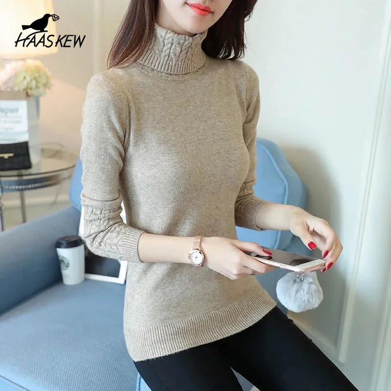 

HAASKEW Autumn and winter new fashion women's sweater solid color long-sleeved high-neck warmth slim knitted sweater pullover