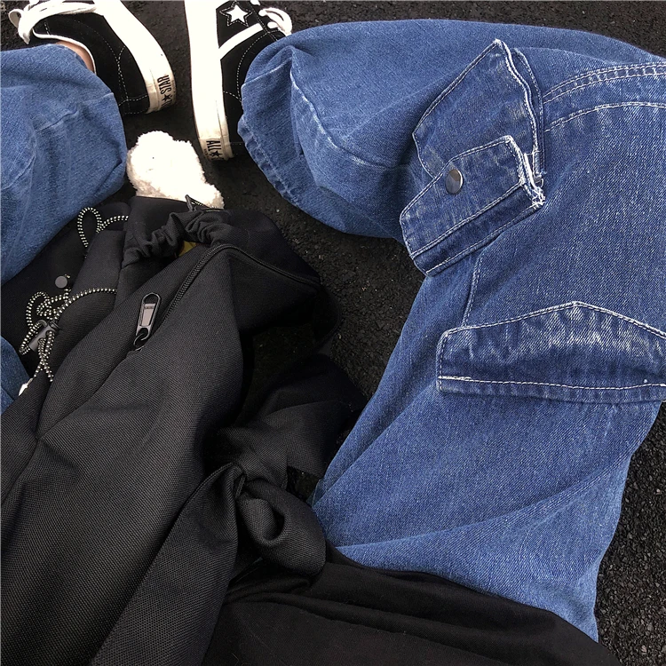 

Loose Streetwear Functional Pocket Pants 2020 New Autumn Casual Jeans Woman Long Trousers Cowboy Female