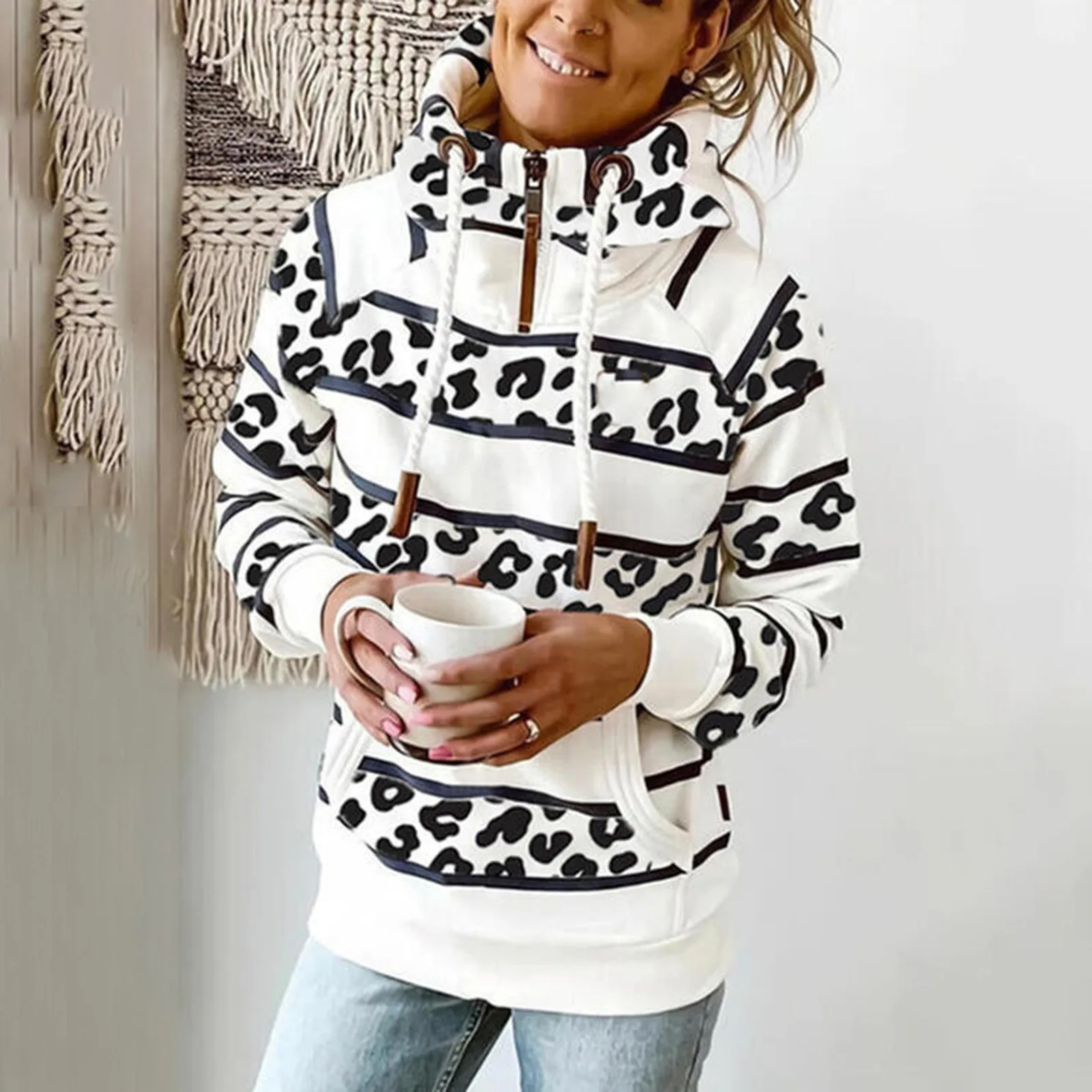 

Женская толстовка с леопардовым принтом, в полоску, с длинным рукавом и воротником-хомутом