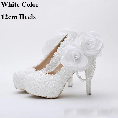 White 12cm Heels Свадебные туфли на платформе с кружевом и белым цветком красивые женские свадебные модельные туфли на высоком каблуке ручной работы с кружевом для девочек на день рождения - Цвет: White 12cm Heels