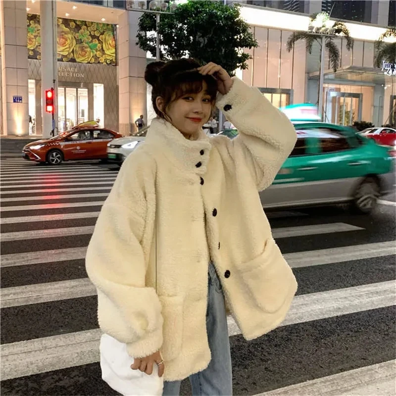 

Lamb wool sweater cute and sweet single-breasted shirt button women loose solid color autumn and winter new thick wind jacket