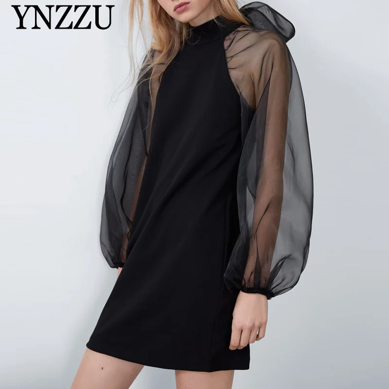 Винтажное женское черное платье с рукавом фонариком модное мини бантом осенне