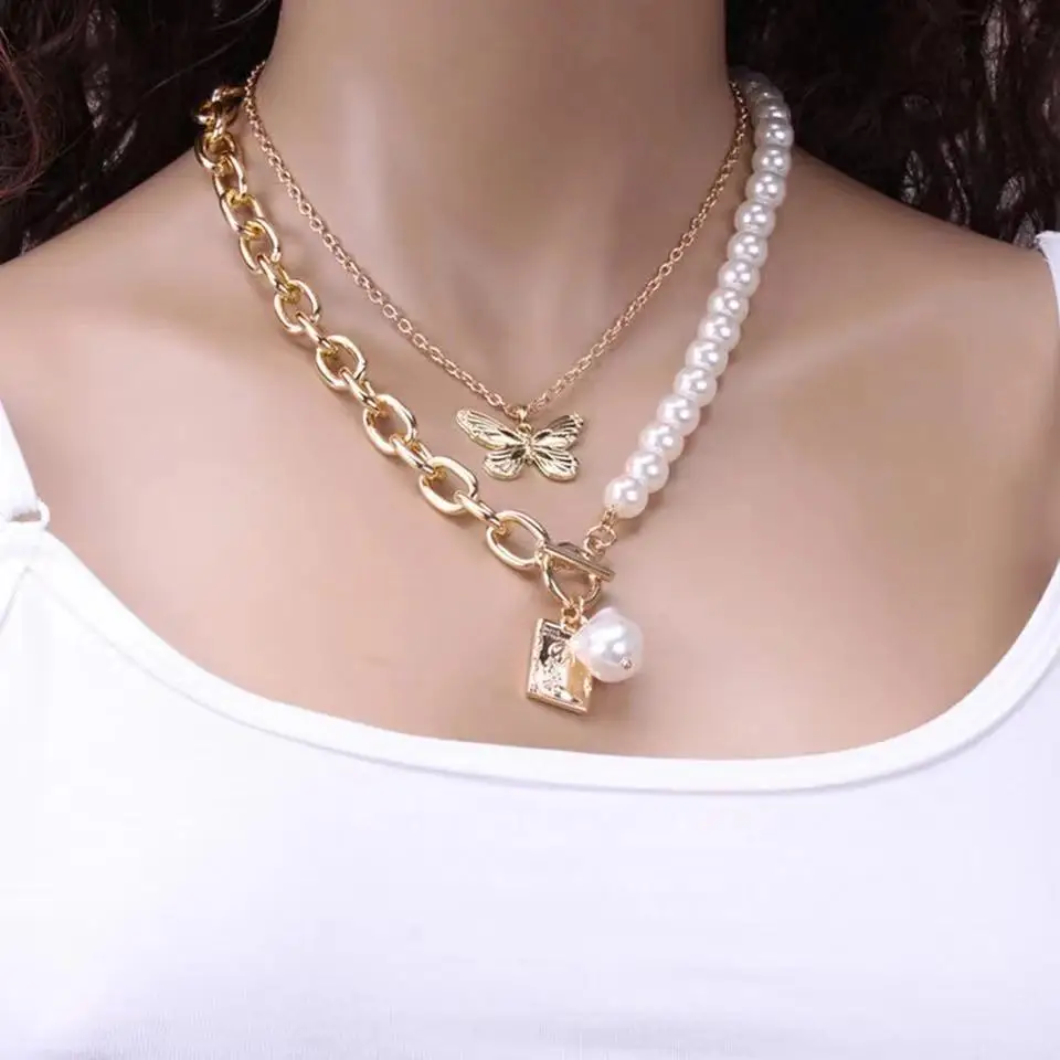 

New Arrivals Punk Baroque Irregular Pearl Chain Choker Necklace Asymmetric Lock Pearl Pendant Necklaces for Women Trendy Jewelry