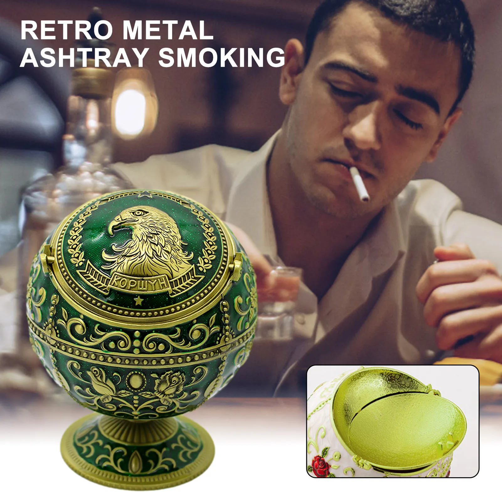 

Vintage Metal Ashtray Portable Windproof Smoking Ashtray with Lid Unique Home Decoration Craft Gift Smoking Accessories