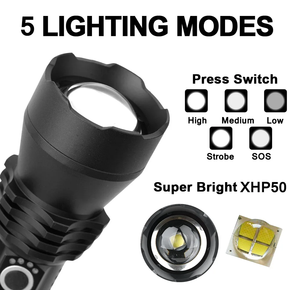 Сверхмощный мощный светодиодный фонарик XHP70.2 XHP50 с usb-зарядным зумом 18650 26650 батарея охотничья лампа фонари напоминание о мощности
