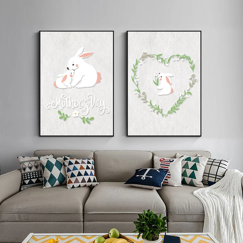 

Art Interior Decor Childlike Paintings Kawaii Rabbit Posters Home Decoration Cute Wall Stickers Living Room Canvas With Frame