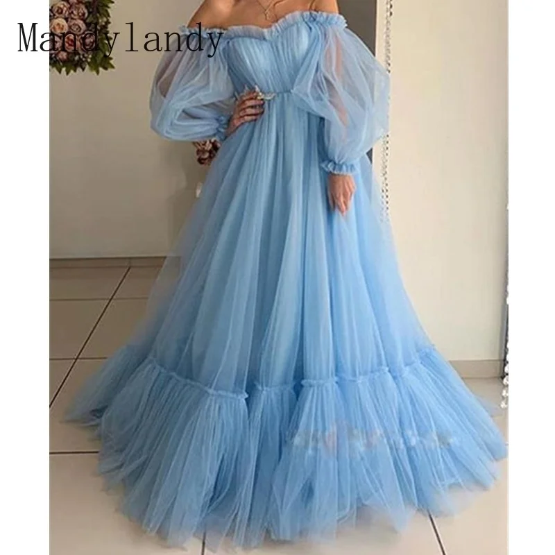 

Mandylandy Slash Collar Dress Off-Shoulder Mesh Women Dress Long-Sleeved Wedding High Waist Big Swing Dresses