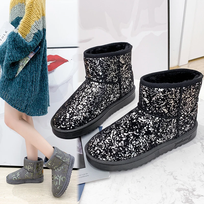 Женские зимние ботильоны на плоской подошве; ботинки на меху; теплая зимняя обувь; женская обувь из флока с круглым носком