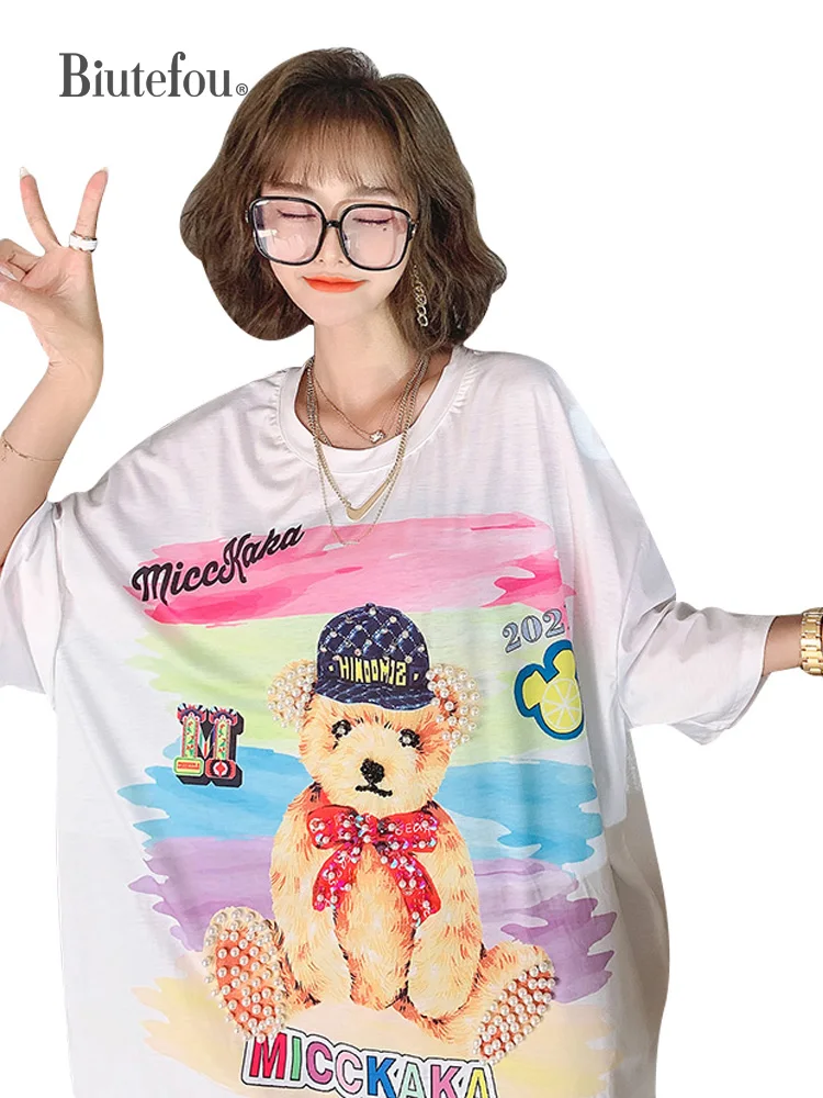 

2021 Summer Women Beading Sequins Loose Plus Size T-Shirt