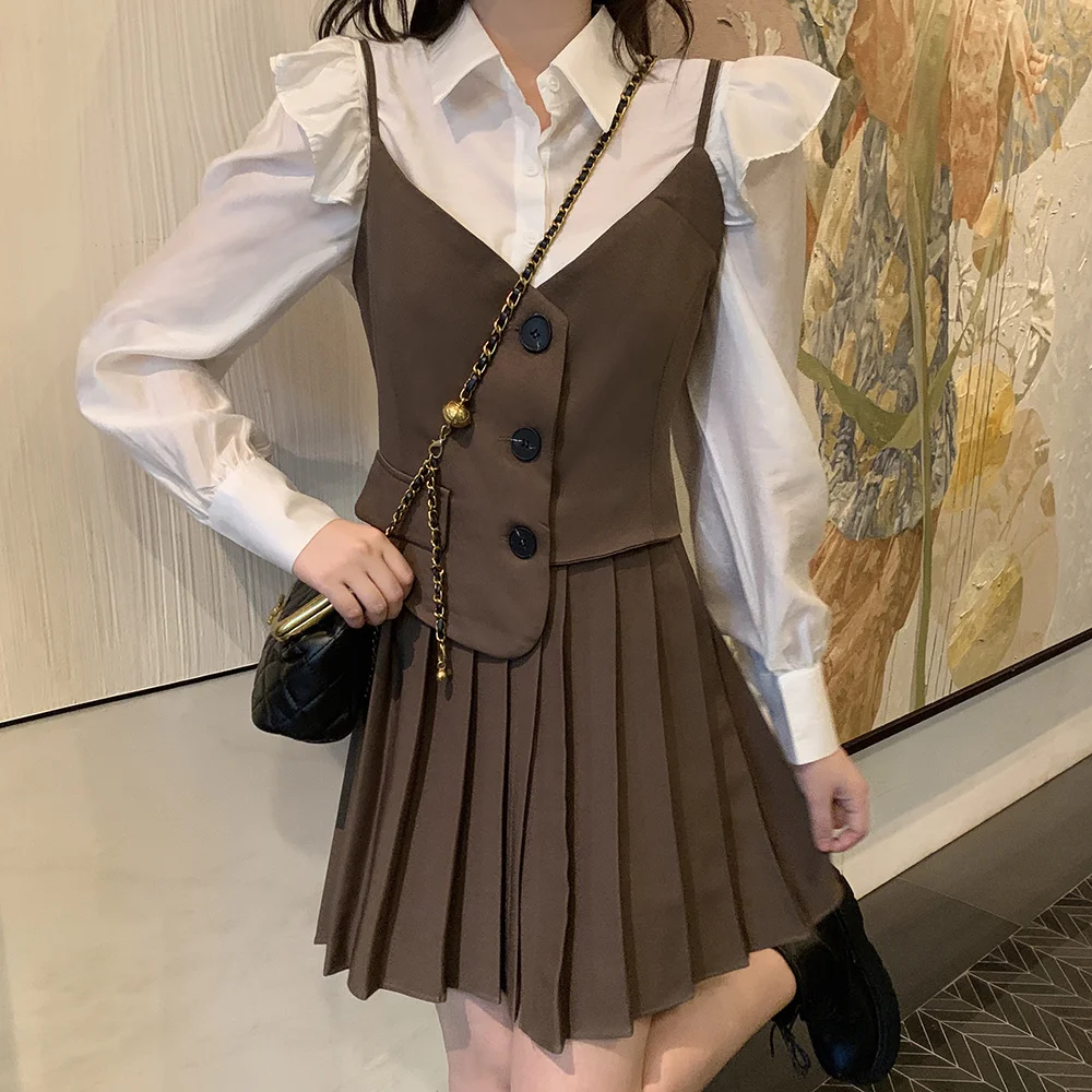 

Winter Dress Women's Autumn New 2021 Fat Sister Slim Shirt Suspender Pleated Skirt Two-piece Fashion Suit Women