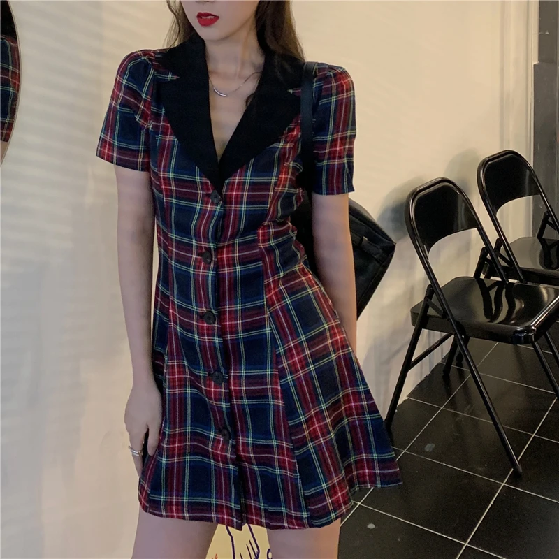 

Girls Dress Summer College Style Retro Plaid College Style Short Dress Vintage Slim Lace Up Elegant Dress Schoolgirls Dress New