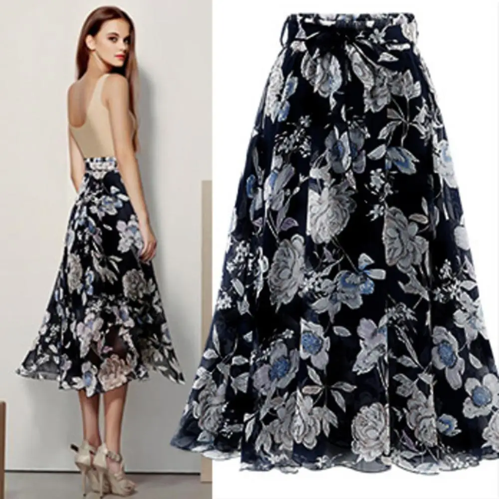 Юбка женская шифоновая средней длины модная юбка с бантом на шнуровке цветочным