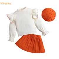 toddler kids baby girl full sleeve ruched solid top knitting shirts pleat skirts hat pearl children clothes set 3pcs 18m 6y