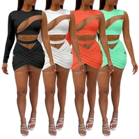 new women set mesh patchwork hollow out tracksuit one shoulder full sleeve tops elastic zip mini skirts two piece set