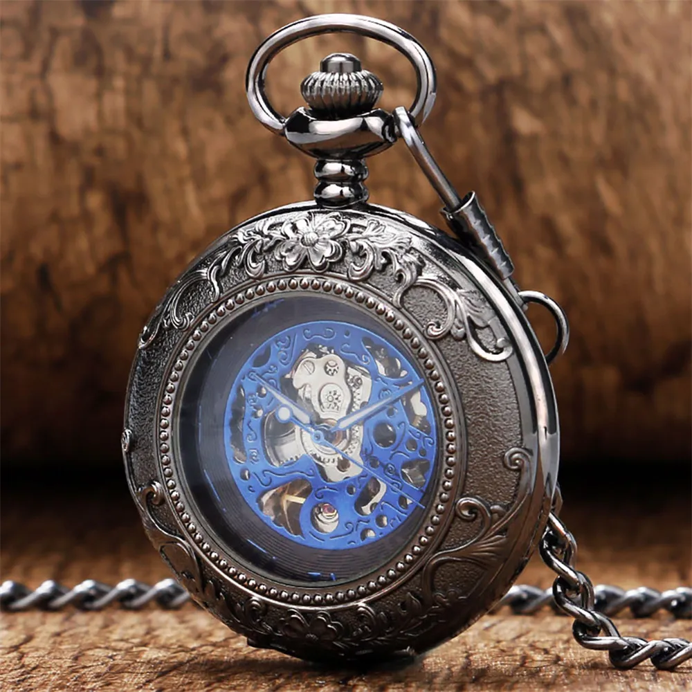 Transparent Glass Roman Numerals Mechanical Hand Winding Pocket Watch Vintage Pendant Timepiece Manual Mechanism Pocket Clock