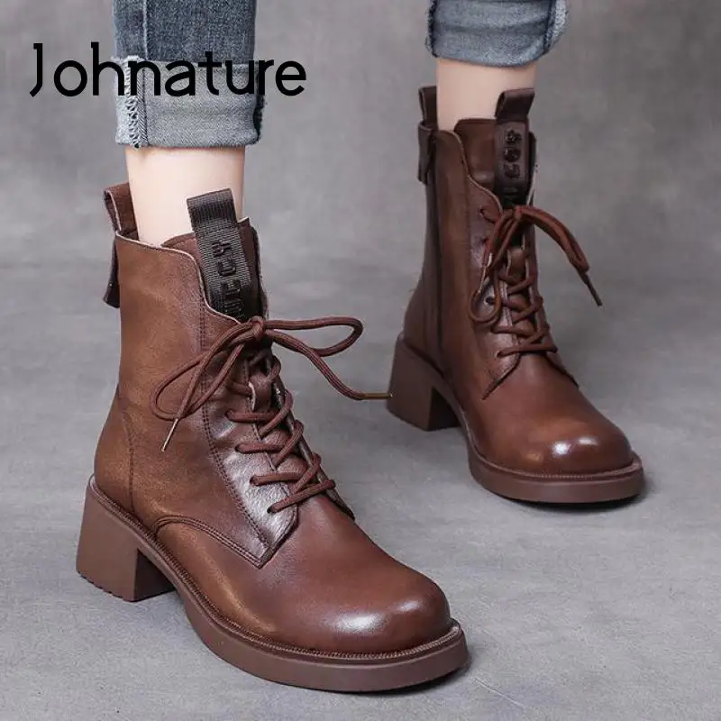 

Женские ботинки из натуральной кожи Johnature, с круглым носком, на молнии, со шнуровкой, ручная работа, для зимы, 2022