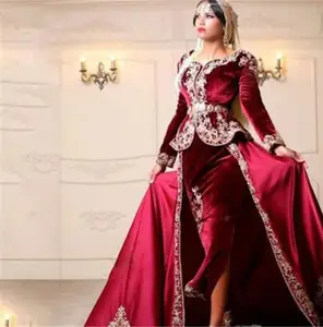 Burgundy Muslim Evening Dresses Sheath V-neck Long Sleeves Appliques Islamic Dubai Kaftan Abaya Saudi Arabic Long Evening Gown