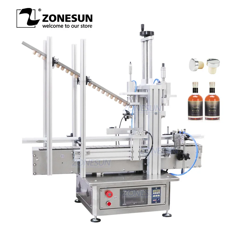 

ZONESUN Desktop Automatic Wine Bottle Wooden Cork Plug Pressing Capping Machine With Cap Feeder