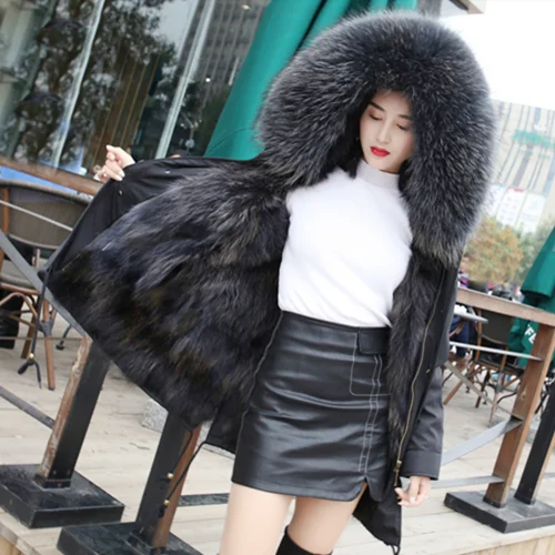

2020 Coats and Jackets Women Real Natural Genuine Winter Fox Fur Collar Hooded Fur Parka Real Rabbit Fur Lining Warm Coat N45
