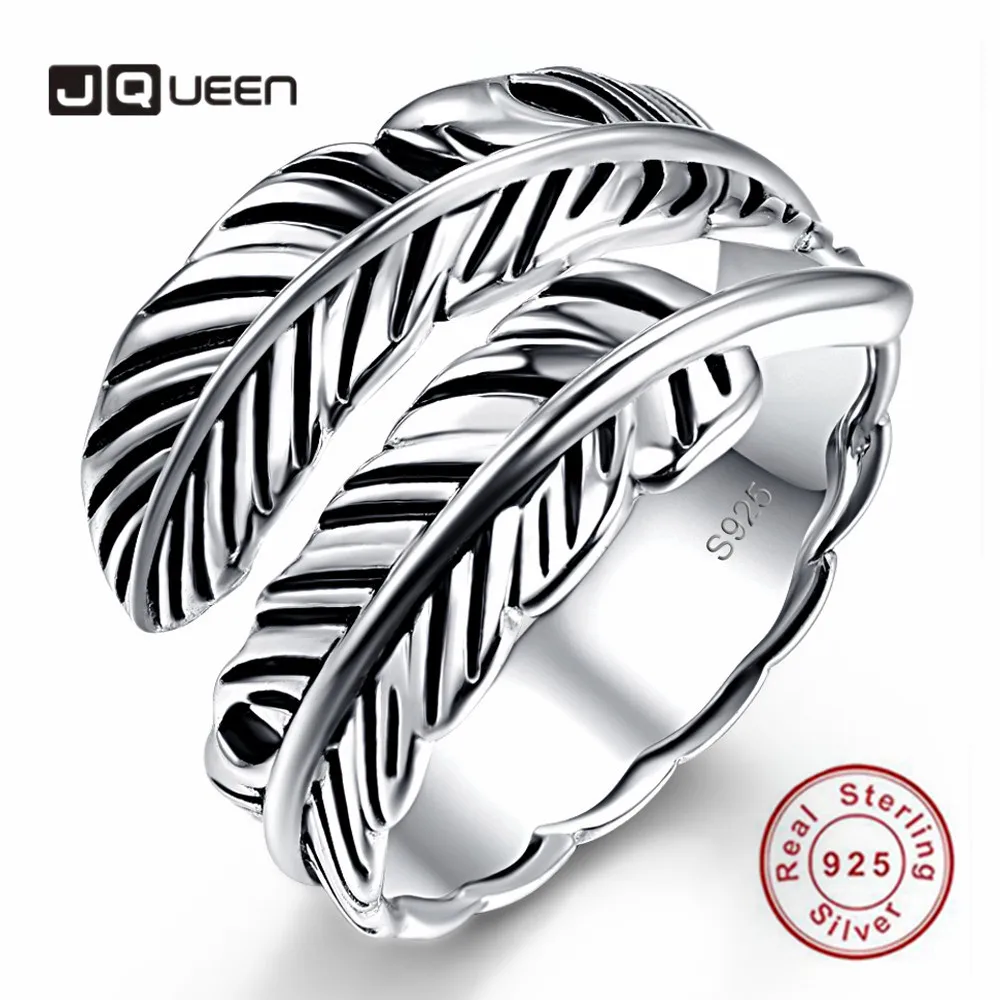 

JQUEEN Surrounded By Retro Feathers 925 Sterling Silver Opening Ring for Women Wedding and Engagement Ring