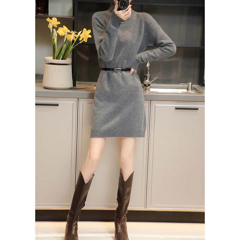 

Женское вязаное платье-свитер, плотный пуловер с длинным рукавом и высоким воротником, джемпер из 100%-ной шерсти, длинная юбка, Осень-зима