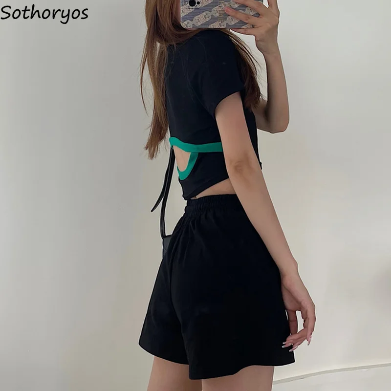 

Women Pajama Sets Patchwork Short Sleeve Trendy Chic Cool Hollow Out Backless Sexy Sleepwear Cozy Design Cropped Leisure Female